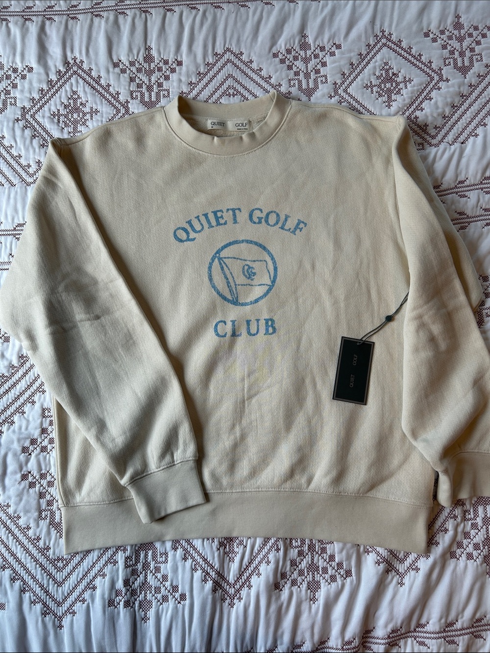 Quiet Golf Crewneck Sweatshirt - Cream with Light Blue Logo